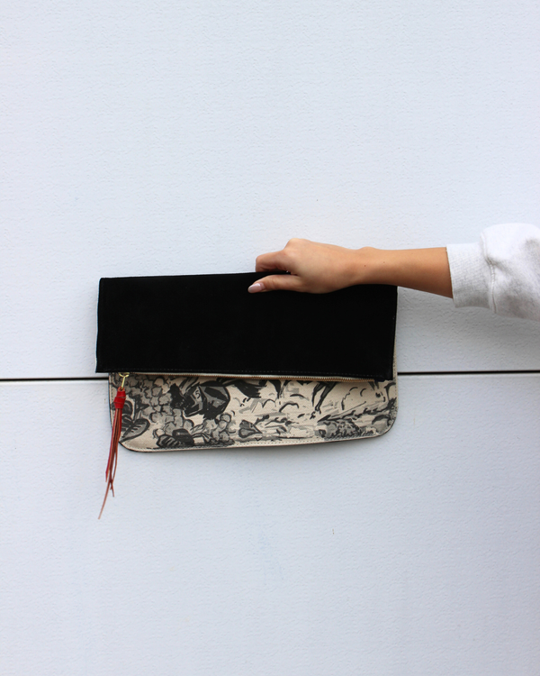 pierce pouch | licorice suede | running horses